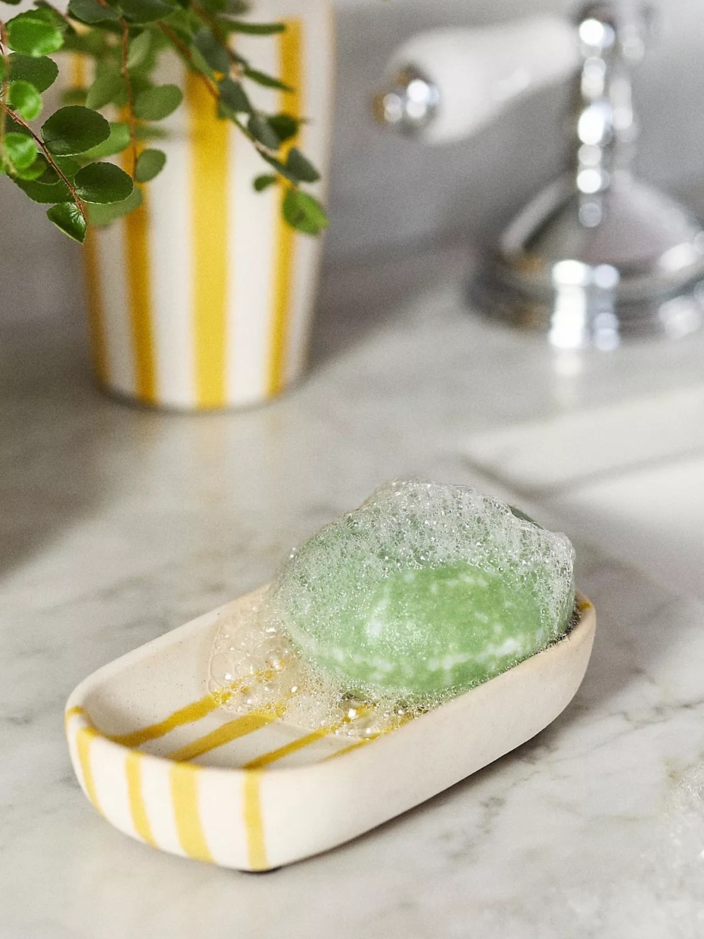 ANTHROPOLOGIE NWT Striped Ceramic Soap Dish -yellow
